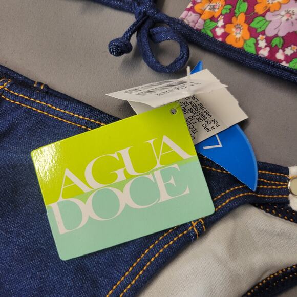 Agua Doce Brazilian Cheeky Bikini Swimsuit Womens M Triangle Top Floral Denim - Picture 5 of 16